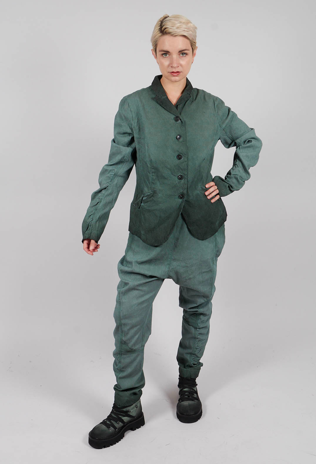 Drop Crotch Trousers with Ruched Leg in Pine Reverse - 2120103
