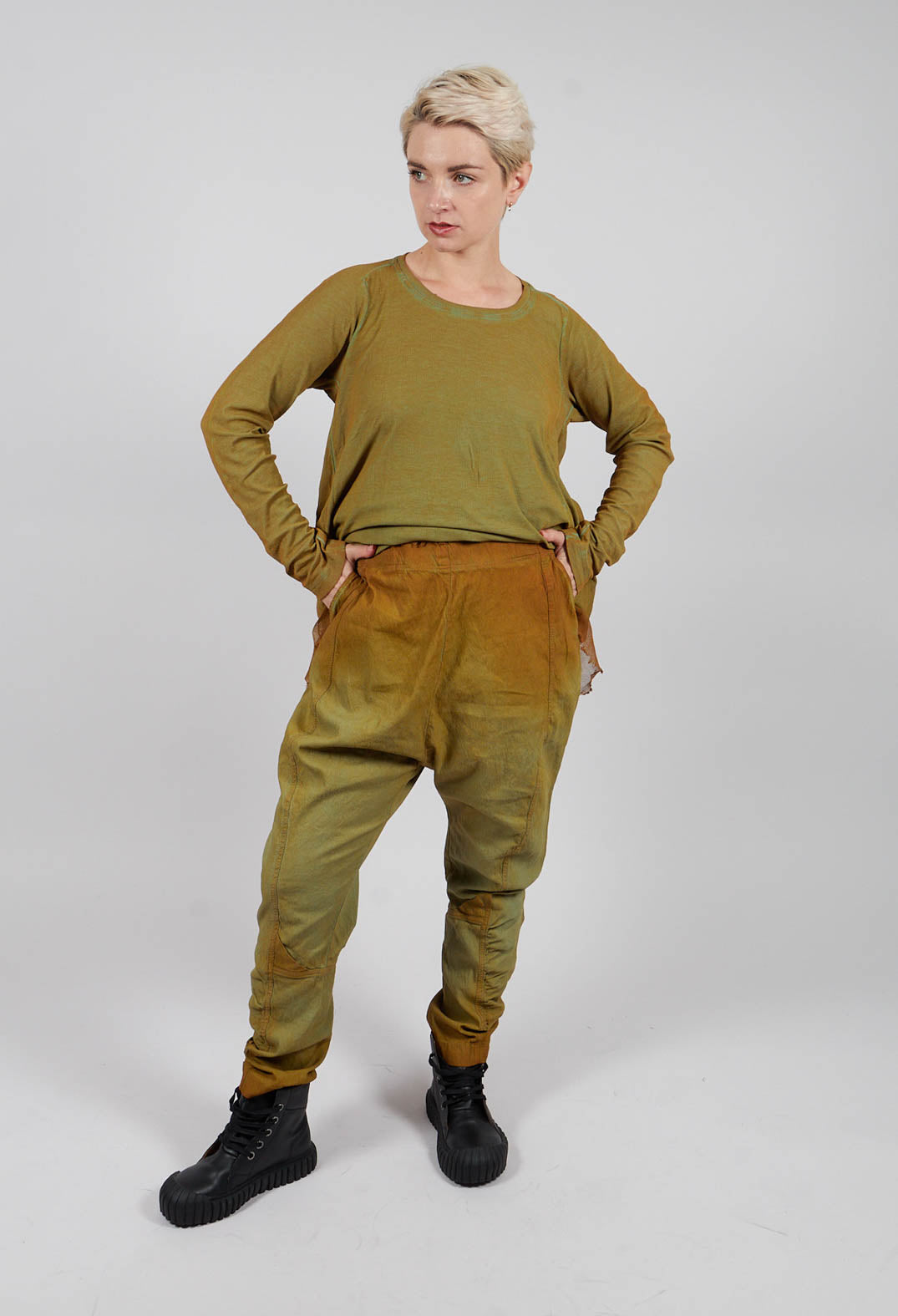 Drop Crotch Trousers with Ruched Leg in Lagoon Reverse - 2120103