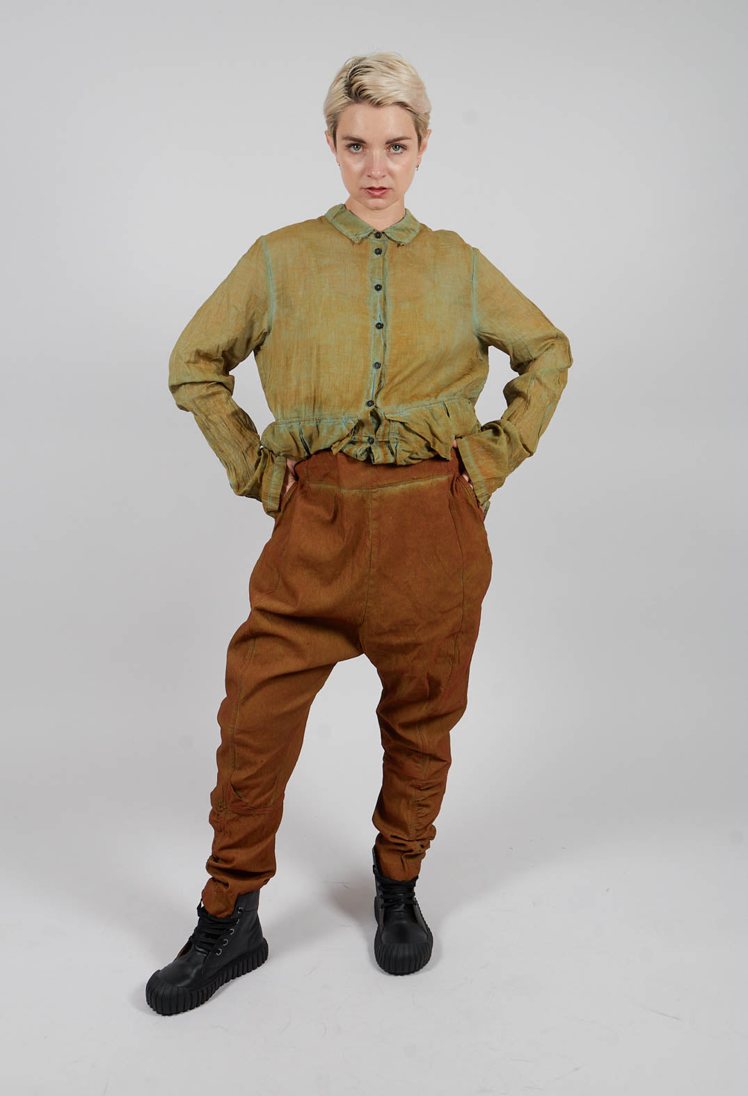 Drop Crotch Trousers with Ruched Leg in Lagoon Cloud - 2120103