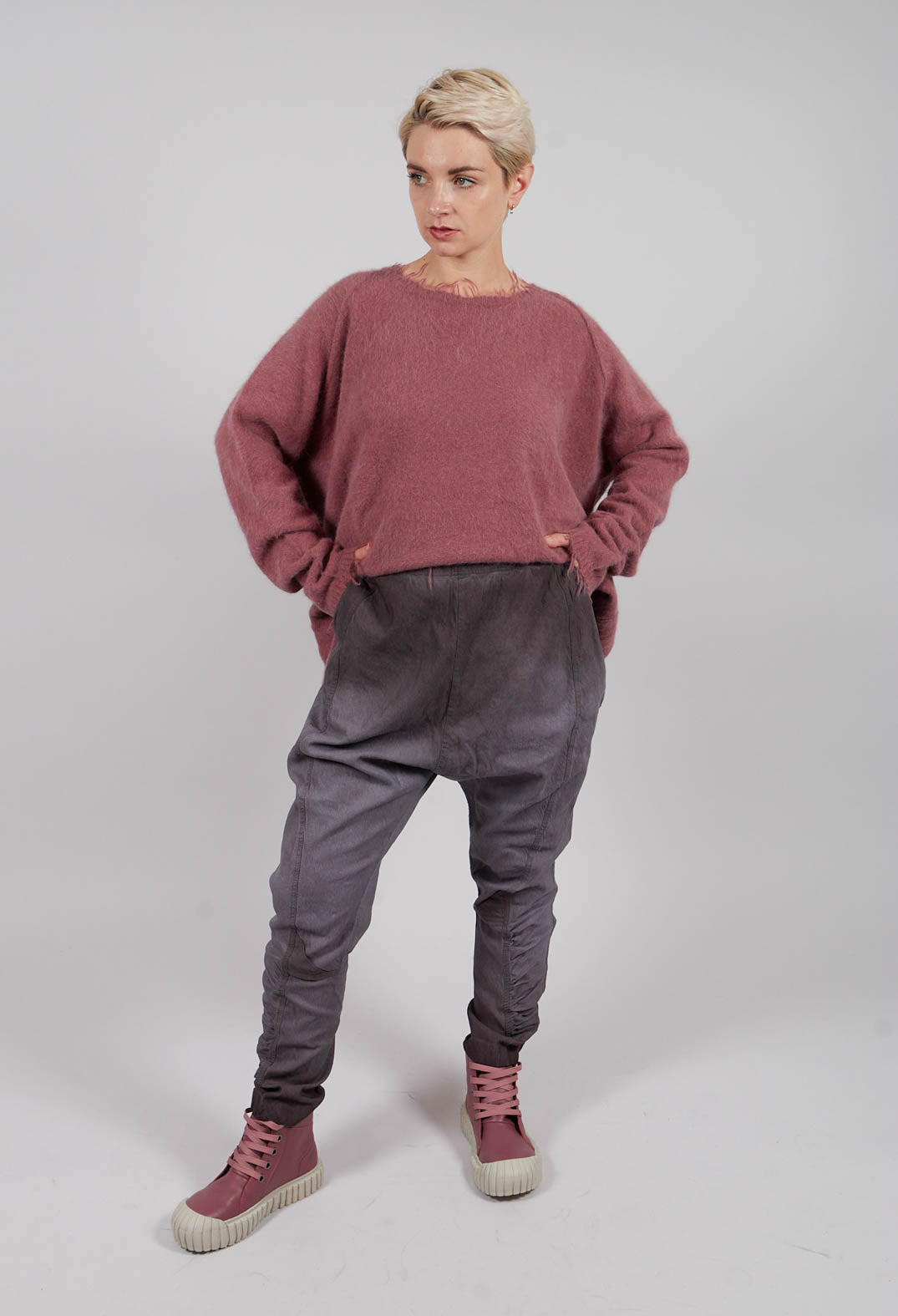 Drop Crotch Trousers with Ruched Leg in Flamingo Reverse - 2120103