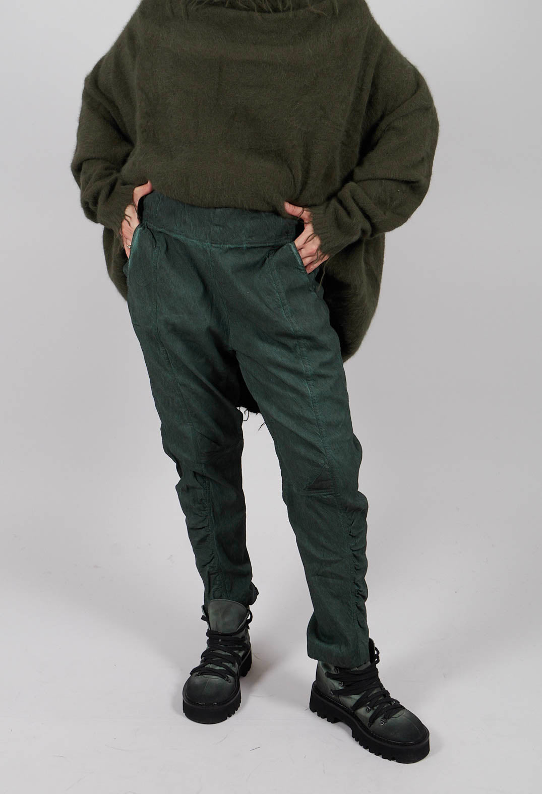 Slim Fit Trousers with Ruched Leg in Pine Cloud - 2120104