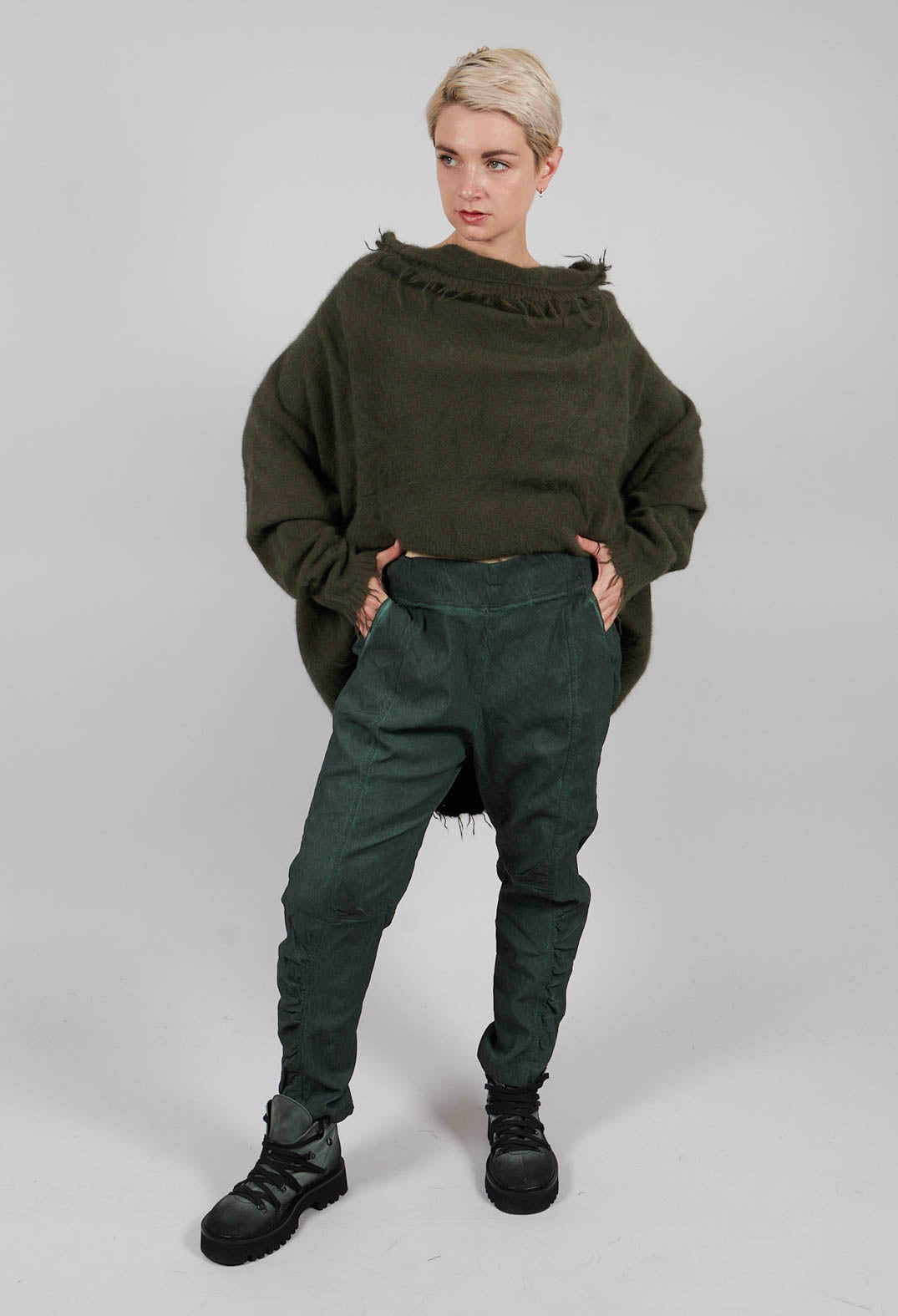 Slim Fit Trousers with Ruched Leg in Pine Cloud - 2120104