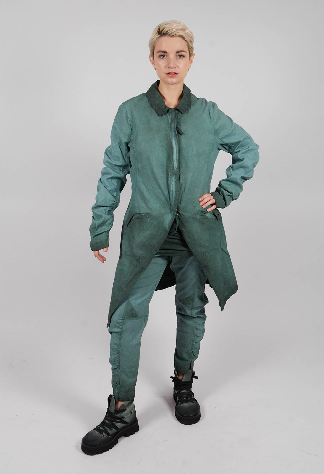 Ruched Sleeve Coat in Pine Reverse - 2121209