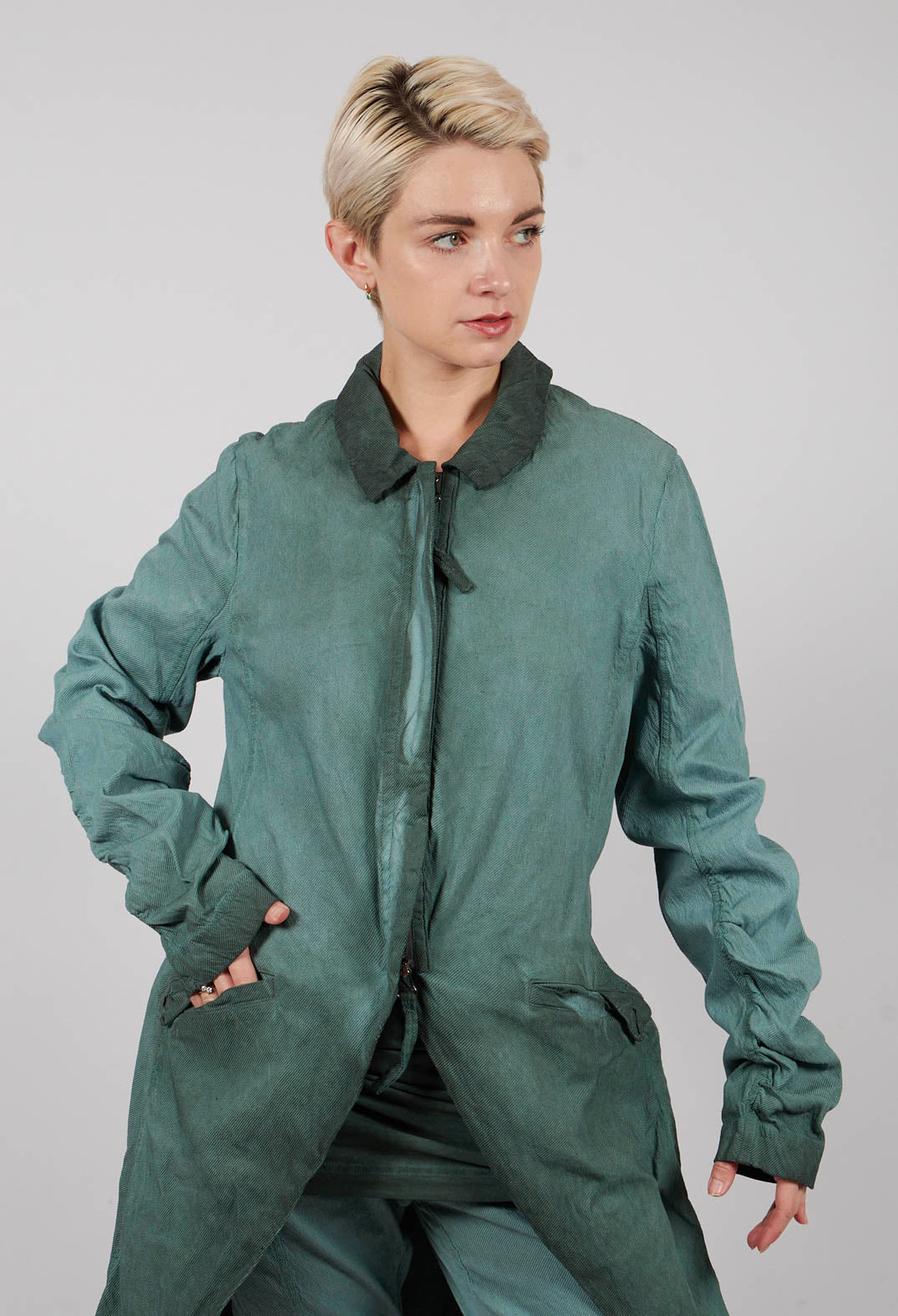 Ruched Sleeve Coat in Pine Reverse - 2121209