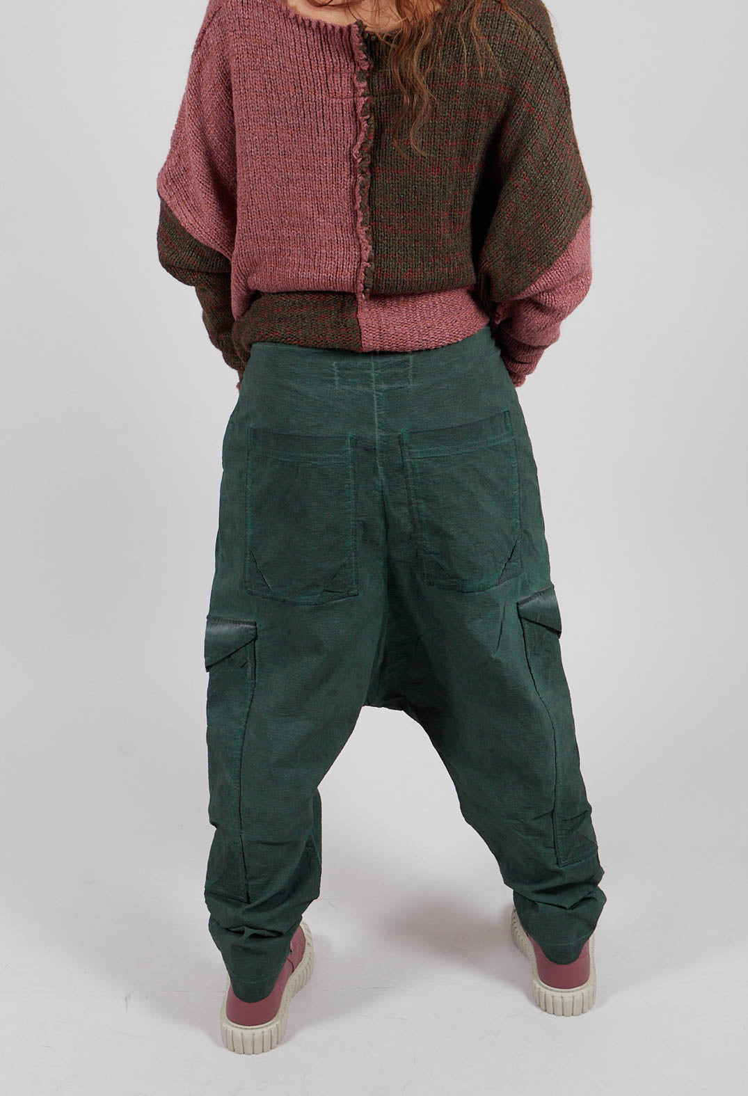 Drop Crotch Trousers with Large Pockets in Pine Cloud - 2240105