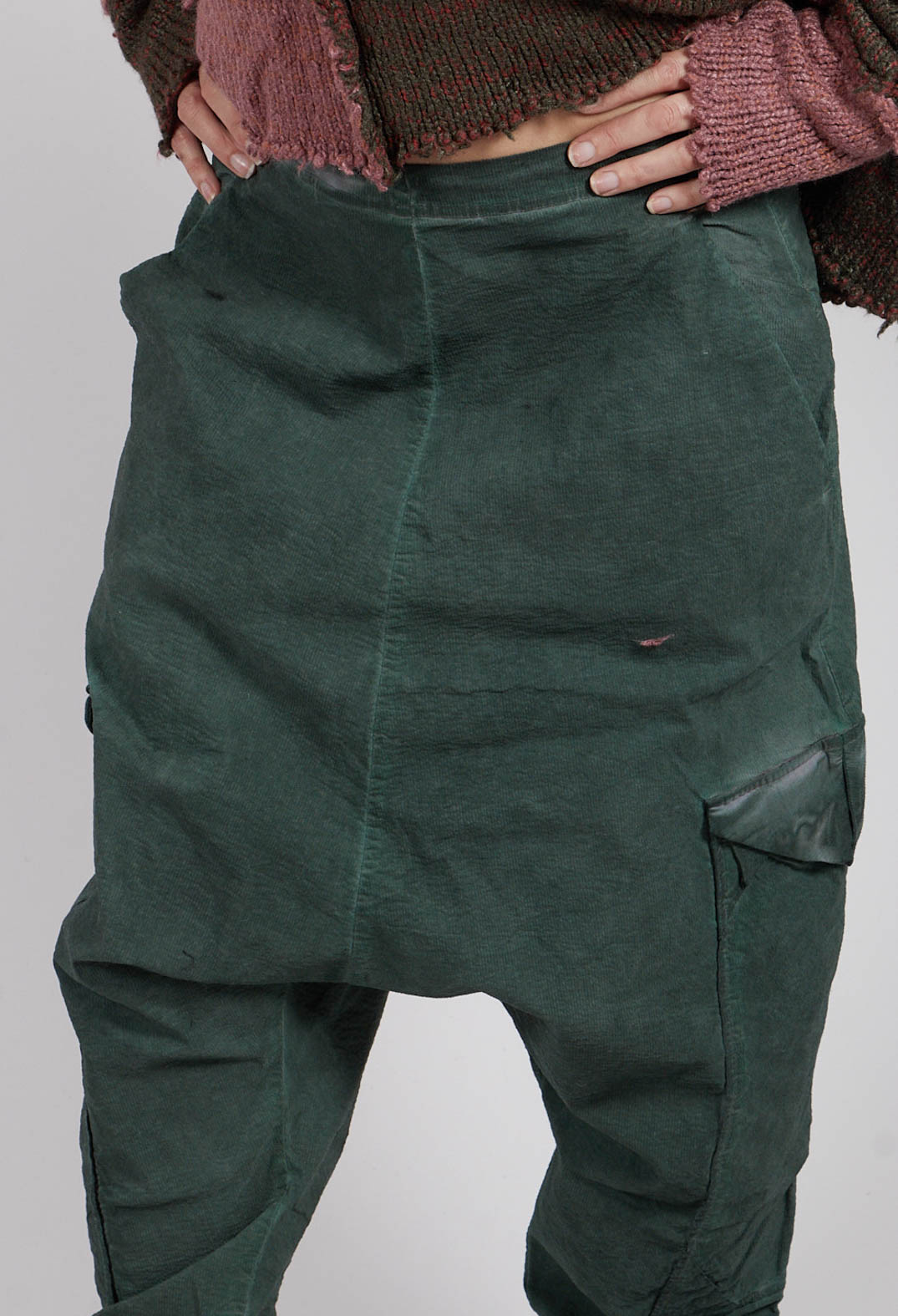 Drop Crotch Trousers with Large Pockets in Pine Cloud - 2240105