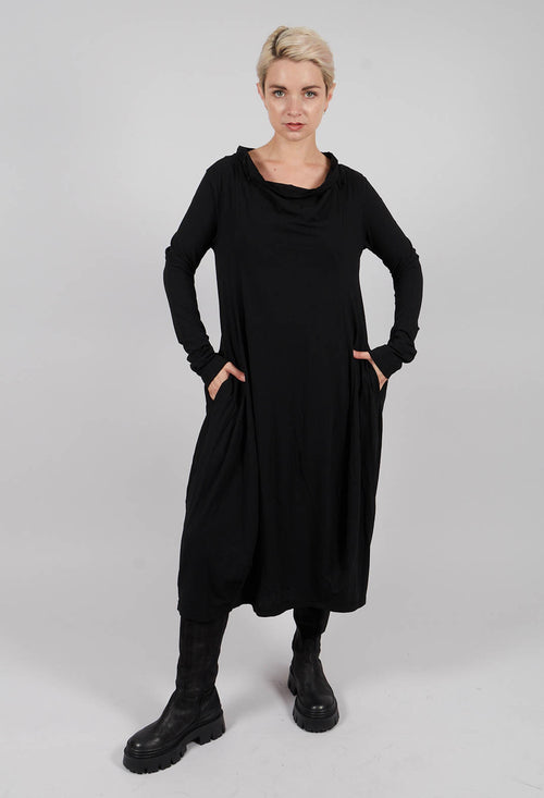 Jersey Dress with Drawstring Neckline in Black - 2560912