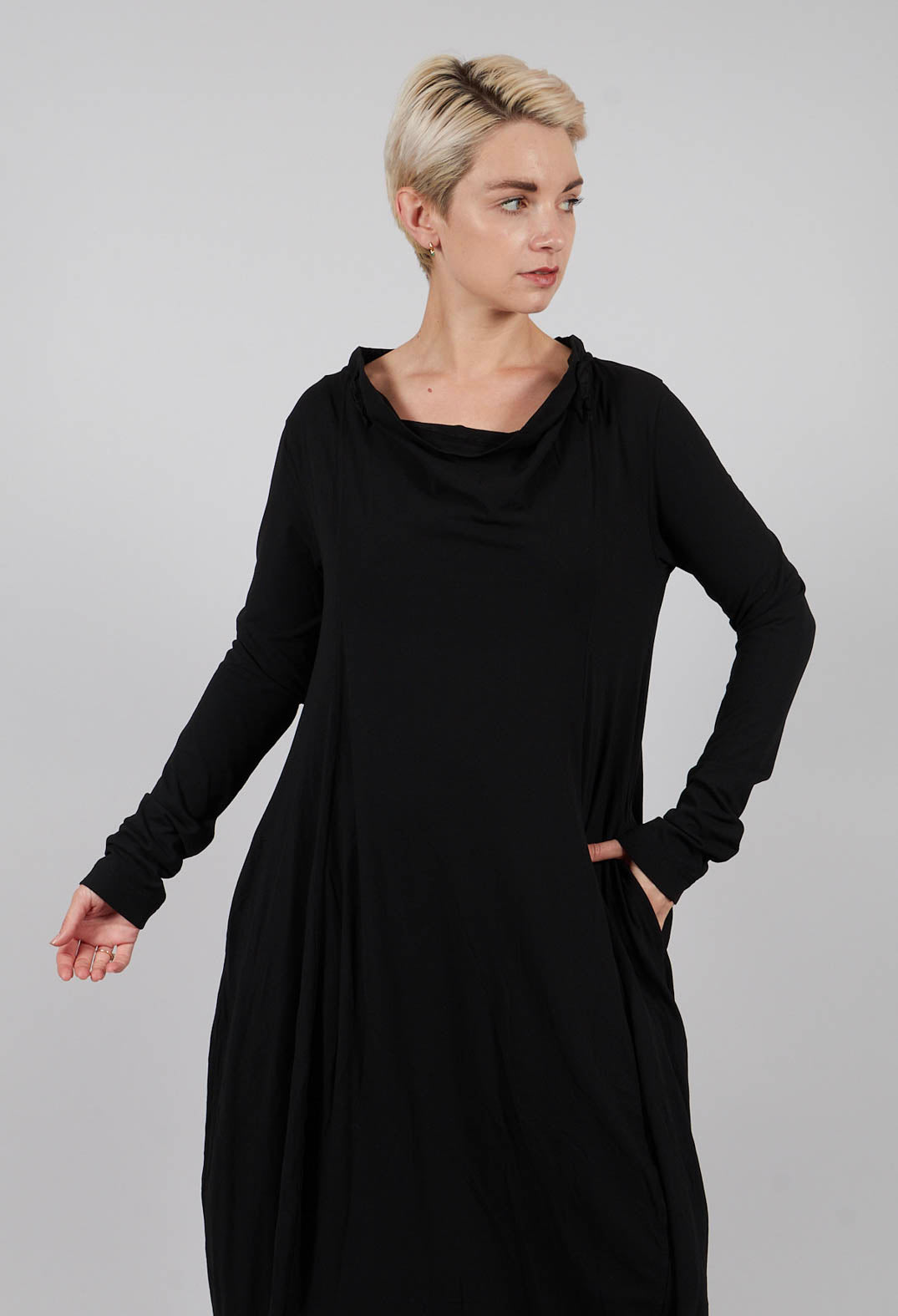 Jersey Dress with Drawstring Neckline in Black - 2560912
