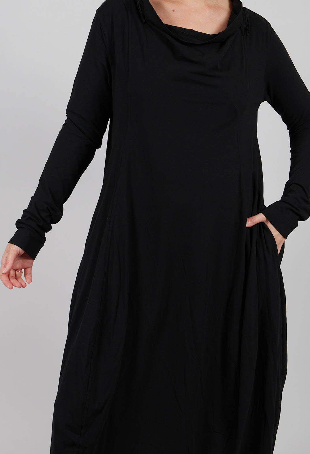 Jersey Dress with Drawstring Neckline in Black - 2560912