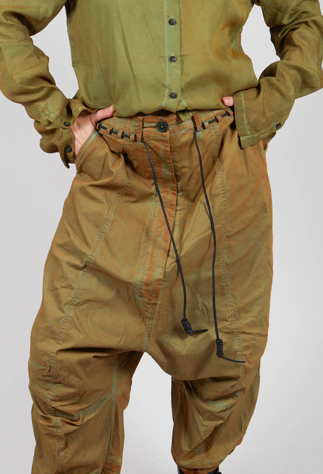 Drop Crotch Trousers with Drawstring Waist in Lagoon Cloud - 2600107