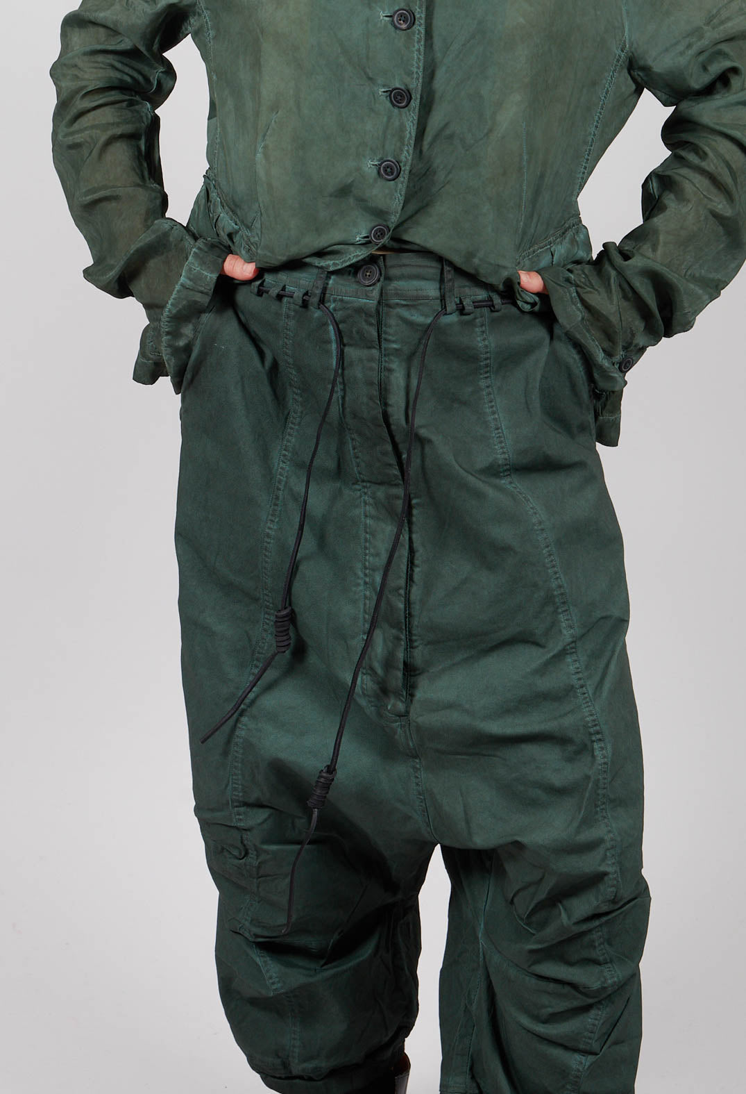 Drop Crotch Trousers with Drawstring Waist in Pine Cloud - 2600107