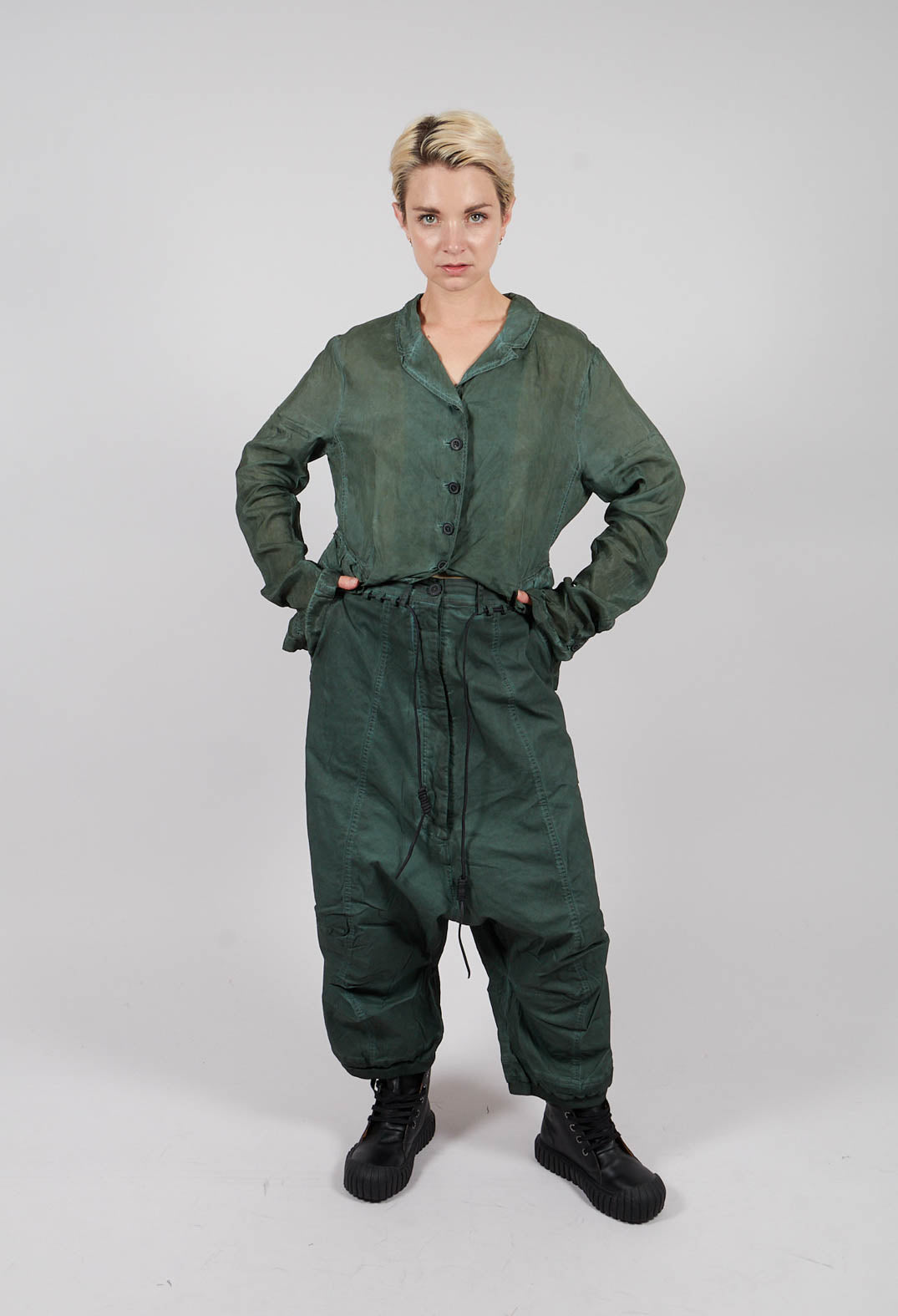 Drop Crotch Trousers with Drawstring Waist in Pine Cloud - 2600107