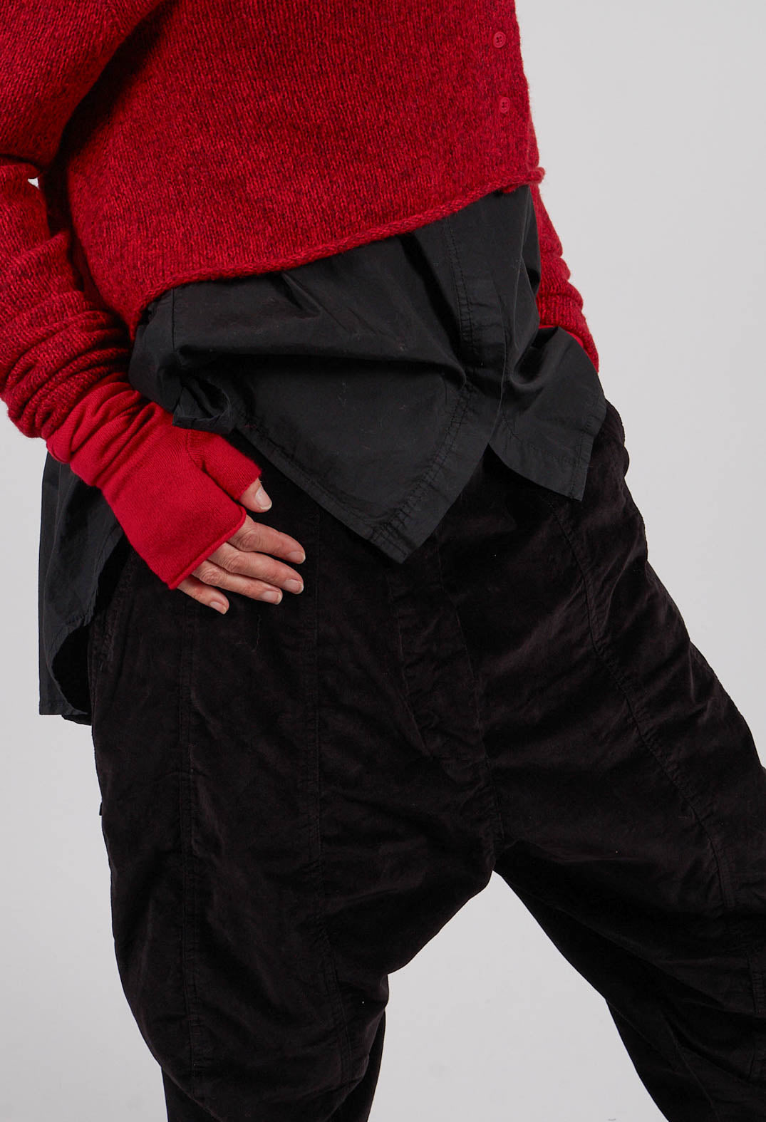 Velvet Drop Crotch Trousers in Black - 3230104