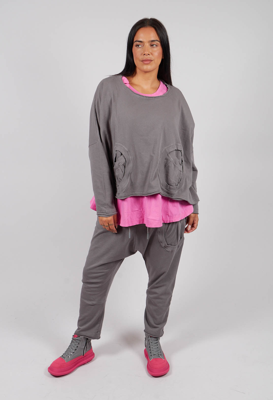 Jersey Top with Circular Pockets in Dark Grey - 3250501