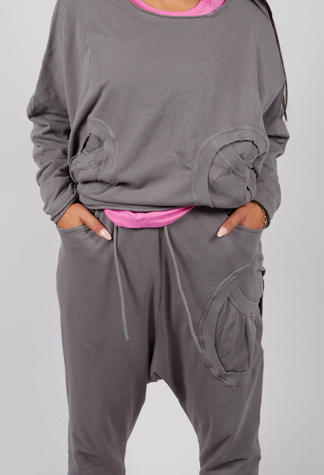 Drop Crotch Trousers with Circular Pocket in Dark Grey - 3250102