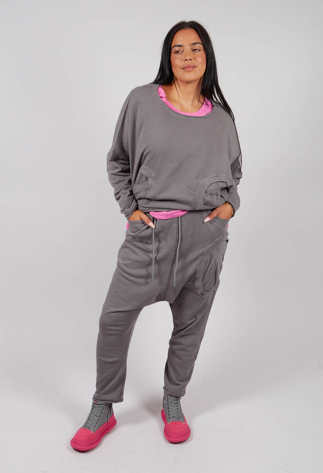 Drop Crotch Trousers with Circular Pocket in Dark Grey - 3250102