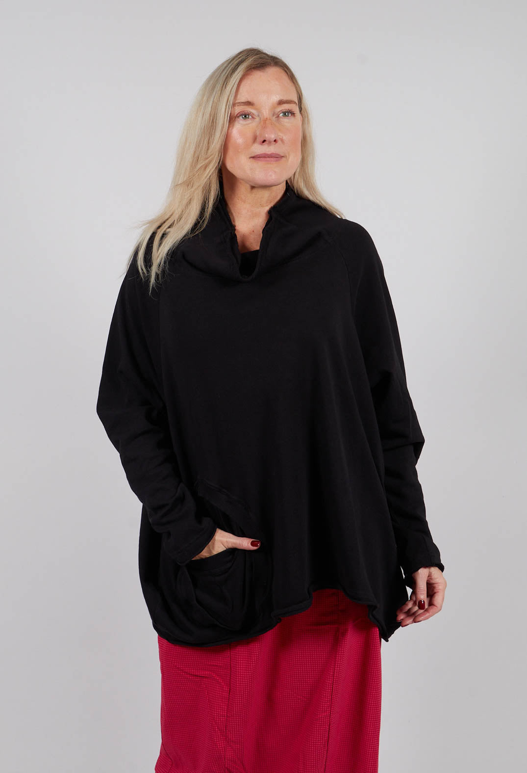 Cowl Neck Top with Circular Pocket in Black - 3250505