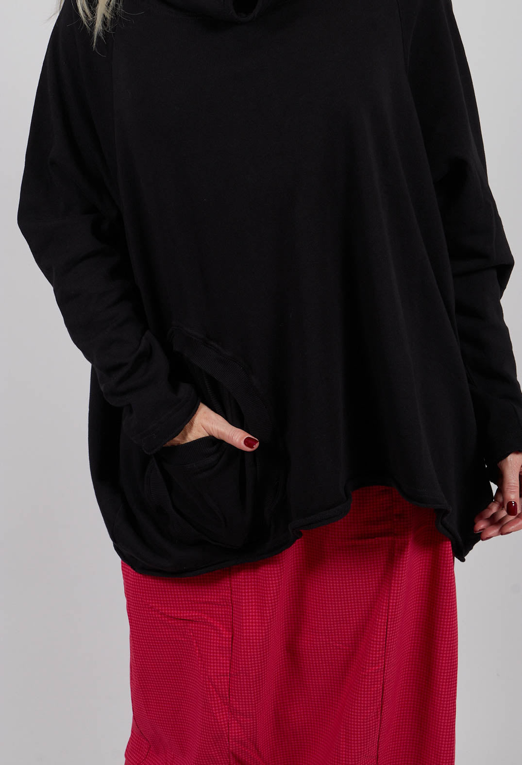 Cowl Neck Top with Circular Pocket in Black - 3250505
