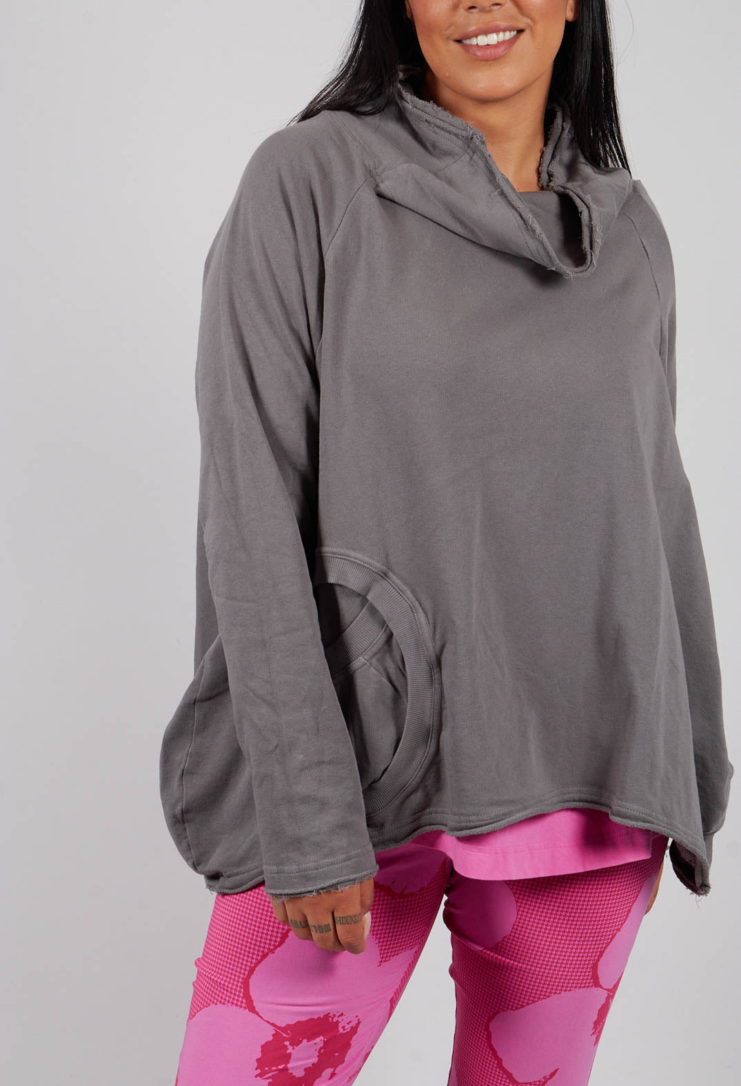 Cowl Neck Top with Circular Pocket in Dark Grey - 3250505