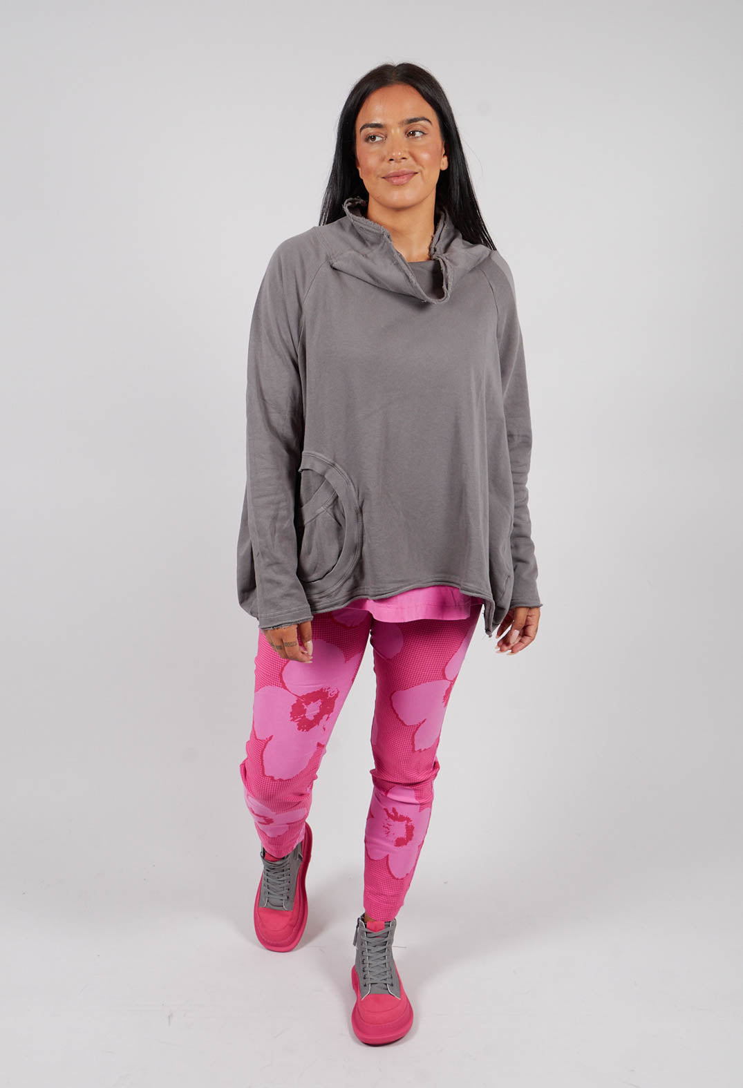 Cowl Neck Top with Circular Pocket in Dark Grey - 3250505