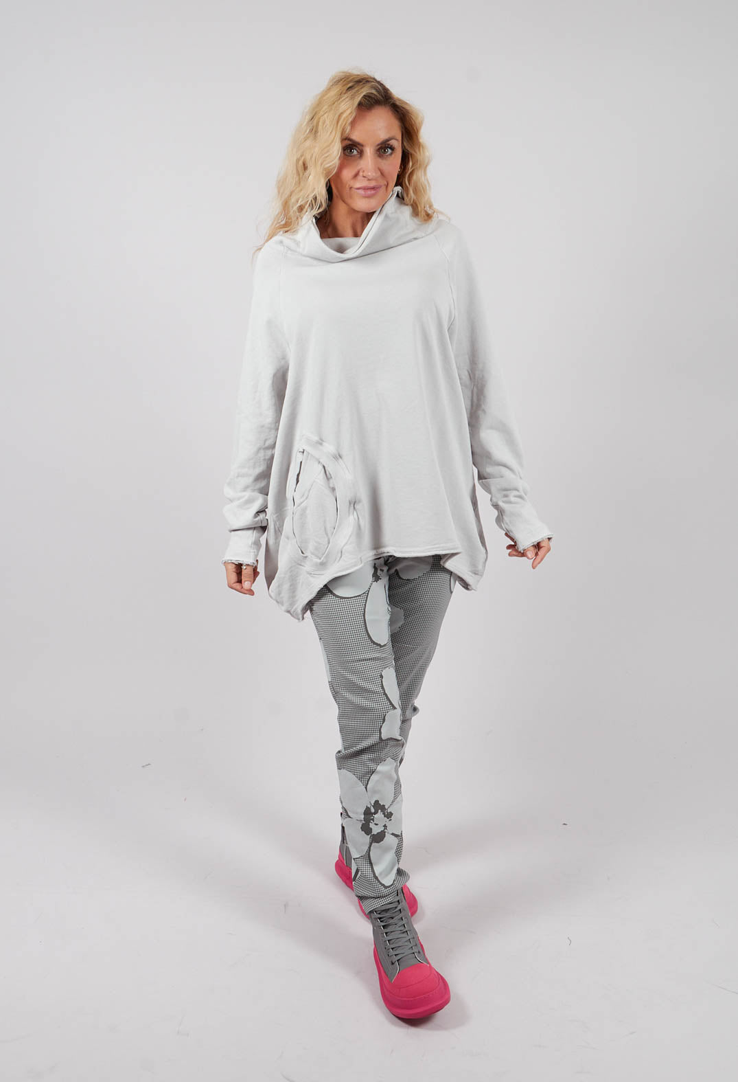 Cowl Neck Top with Circular Pocket in Light Grey - 3250505