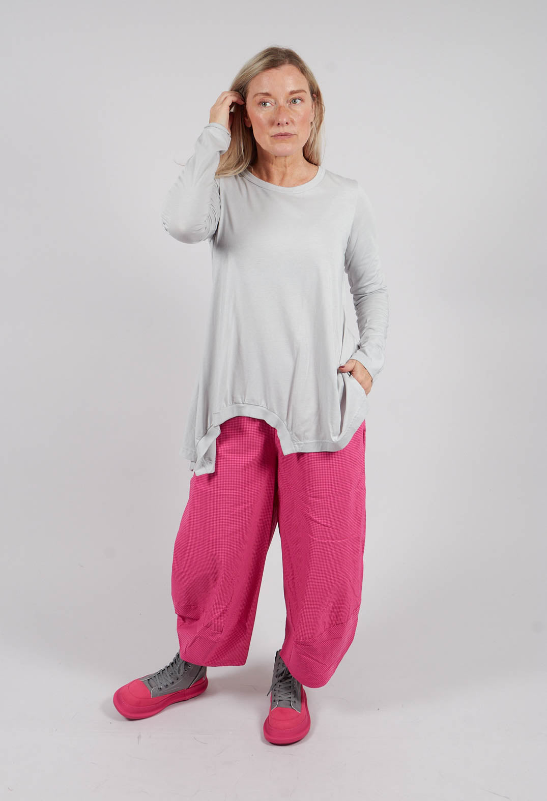 PRE-ORDER - Long Sleeve T-Shirt with Asymmetric Hem in Light Grey (Pictured in Rose) - 3260501
