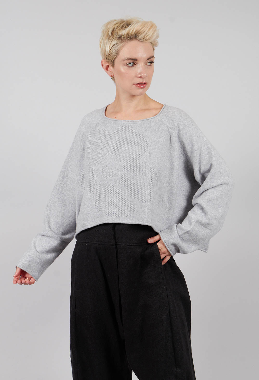 Cropped Pullover with Stitched Motif in Light Grey - 3270702