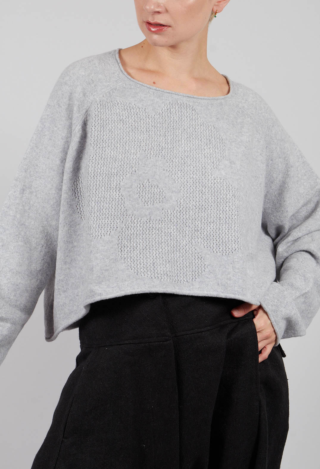 Cropped Pullover with Stitched Motif in Light Grey - 3270702