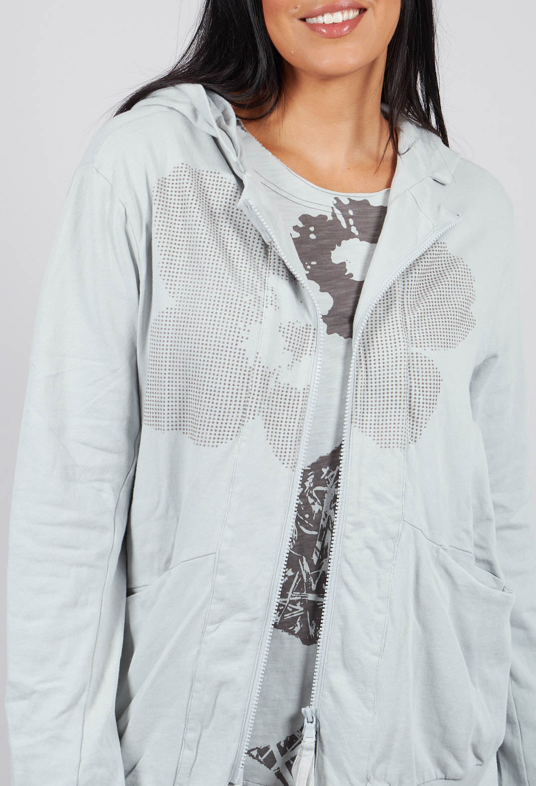 Zip Up Hooded Jacket in Light Grey with Dark Greyflock - 3291115