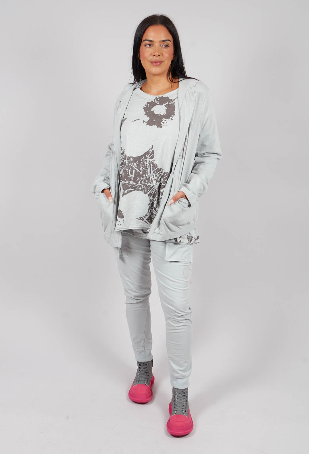 Zip Up Hooded Jacket in Light Grey with Dark Greyflock - 3291115