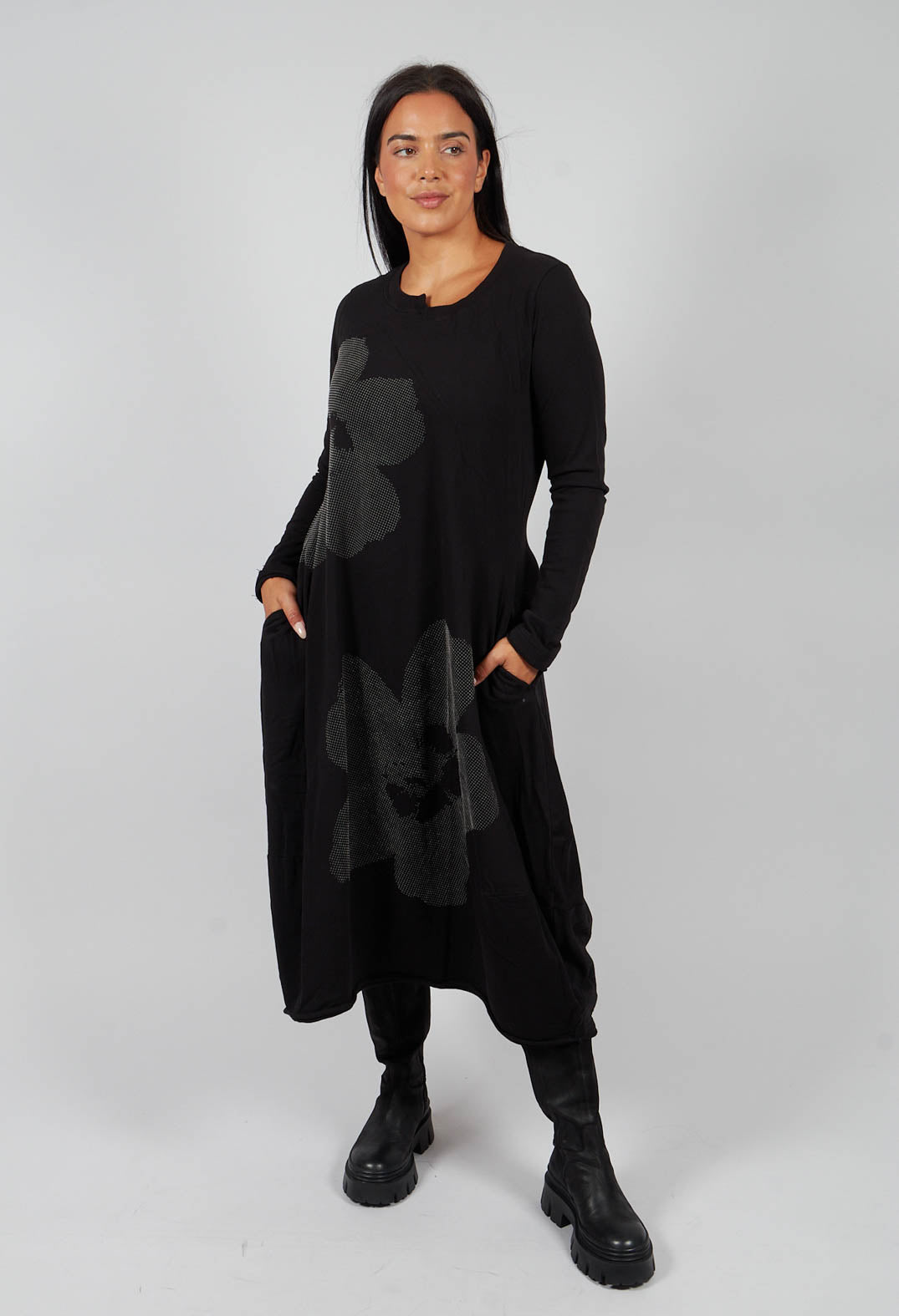 Tulip Hem Jersey Dress in Black with Greyflock - 3290917