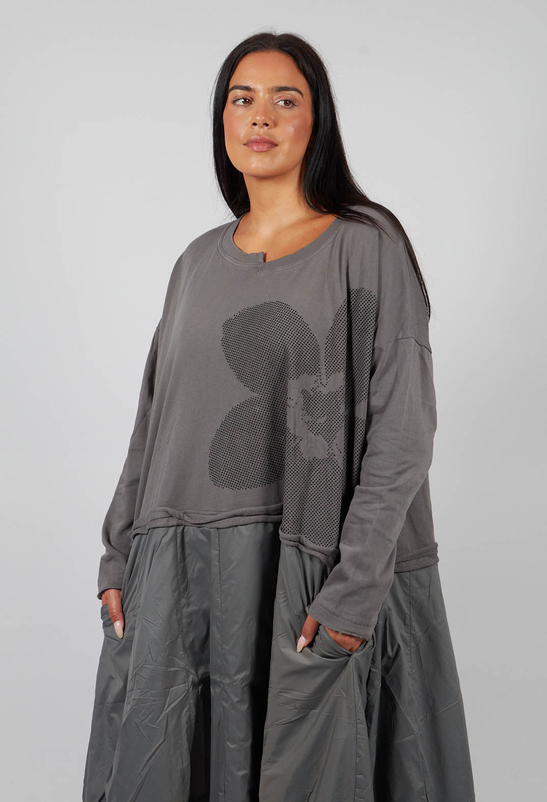 Dual Fabric Dress in Dark Grey with Blackflock - 3290918