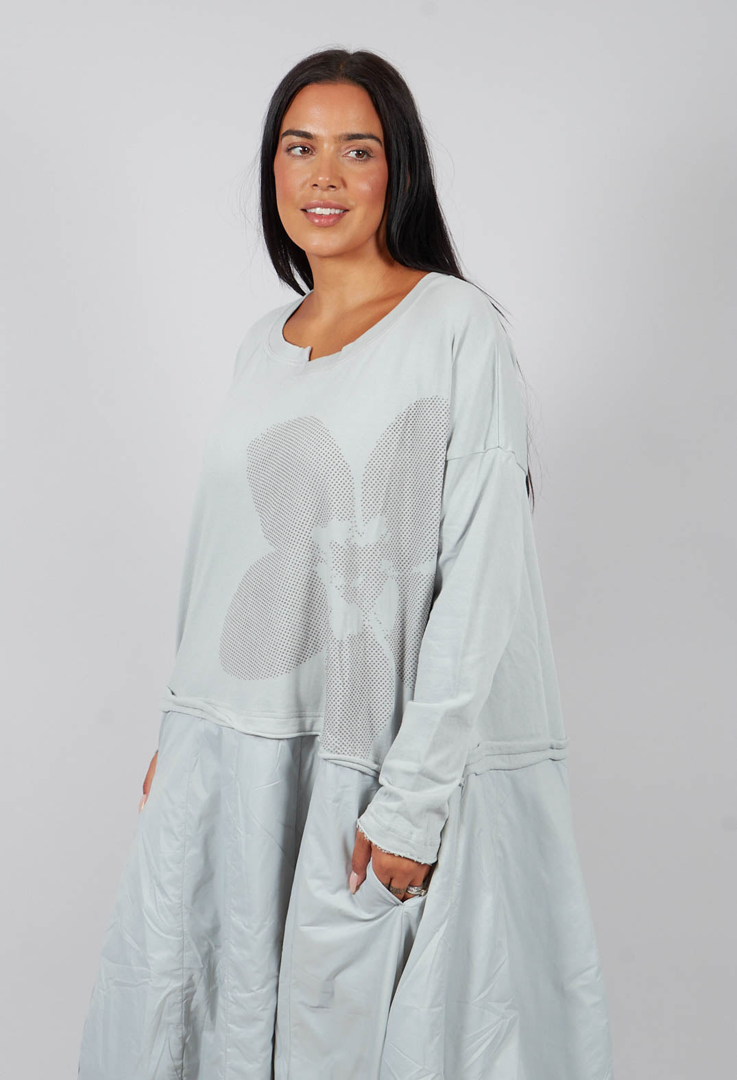 Dual Fabric Dress in Light Grey with Dark Greyflock - 3290918