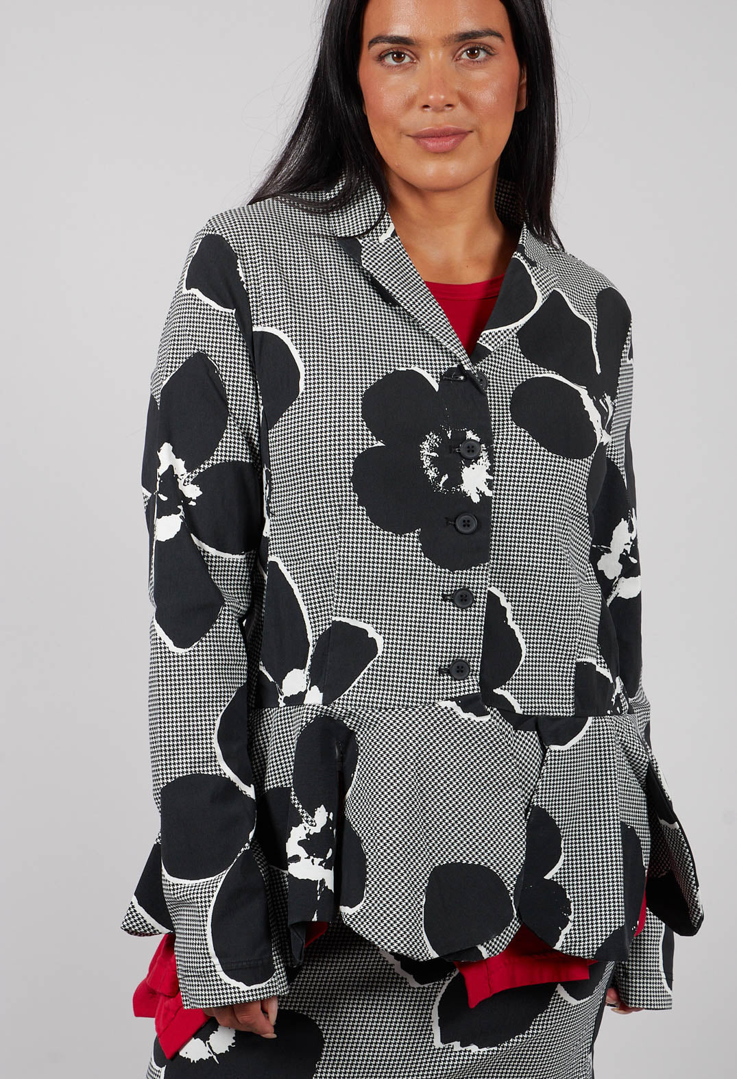 Peplum Hem Jacket in Black Off White Print - 3441107