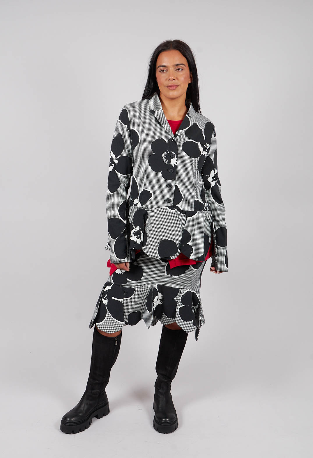 Peplum Hem Jacket in Black Off White Print - 3441107