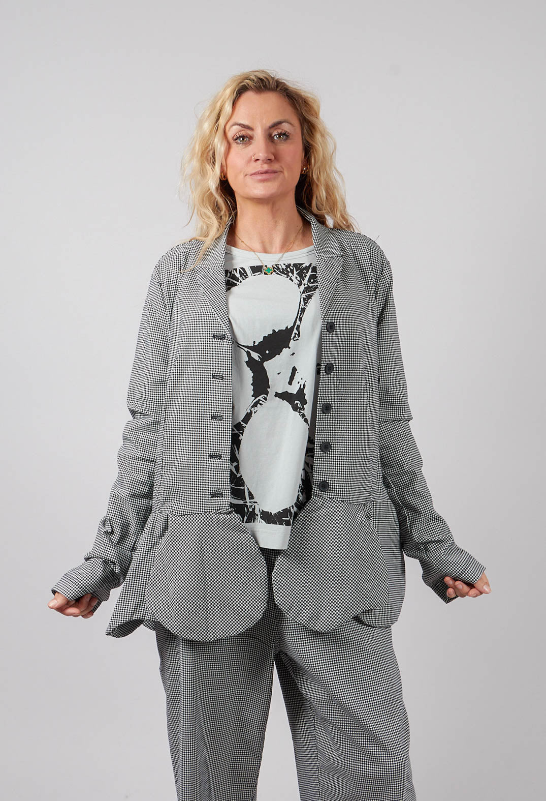 Peplum Hem Jacket in Black Off White Check - 3441127