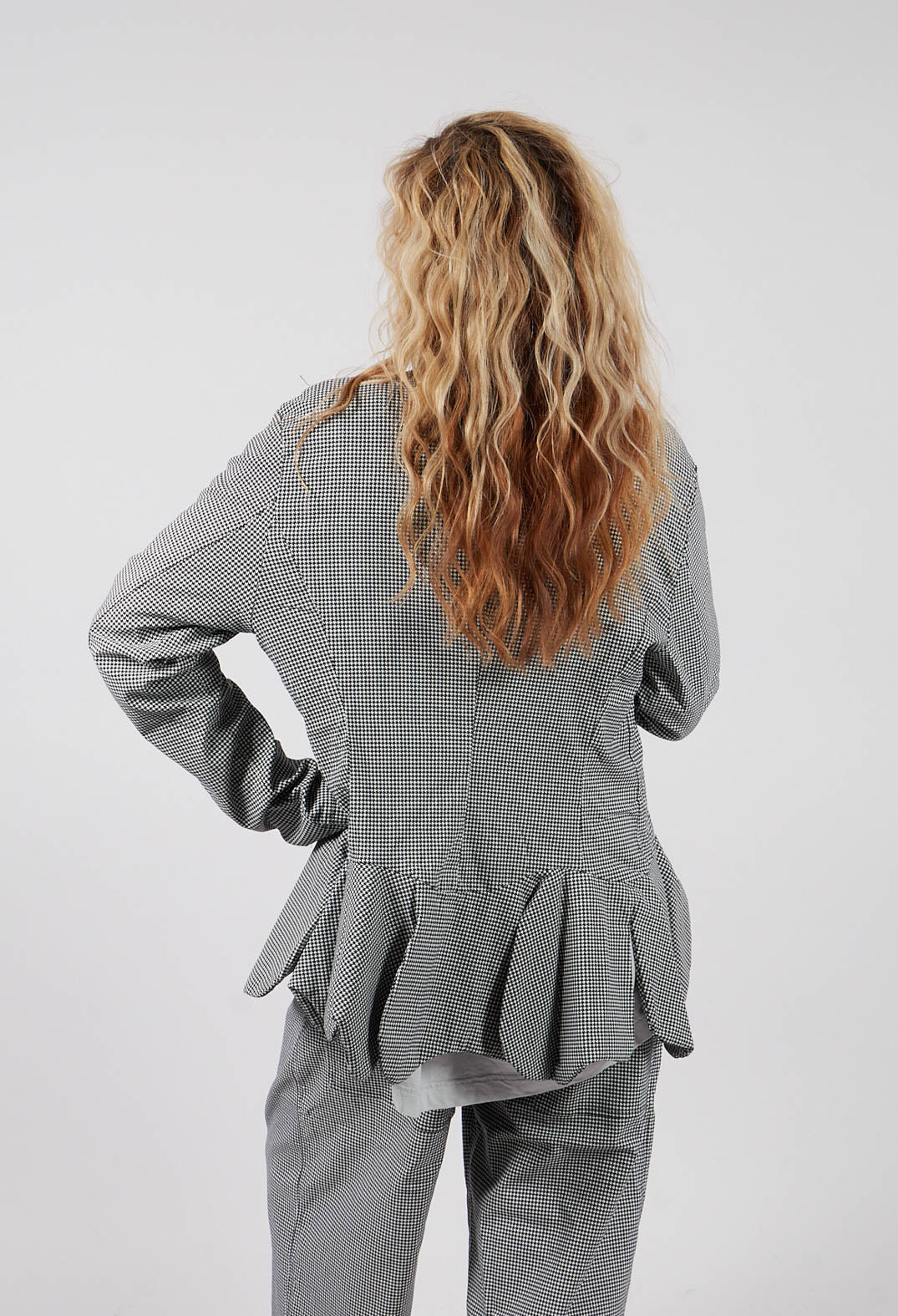 Peplum Hem Jacket in Black Off White Check - 3441127
