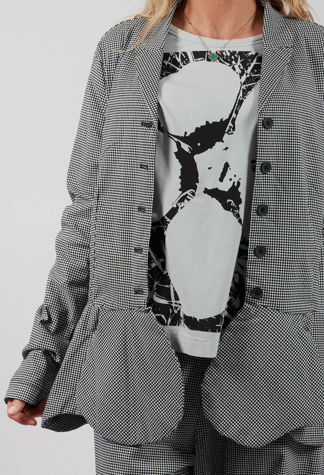 Peplum Hem Jacket in Black Off White Check - 3441127