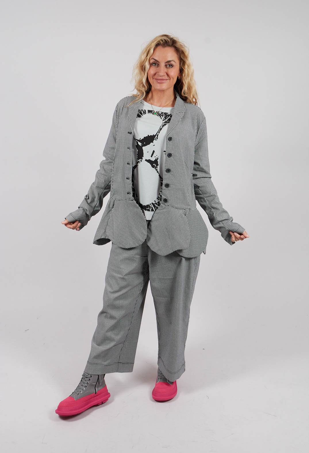 Peplum Hem Jacket in Black Off White Check - 3441127