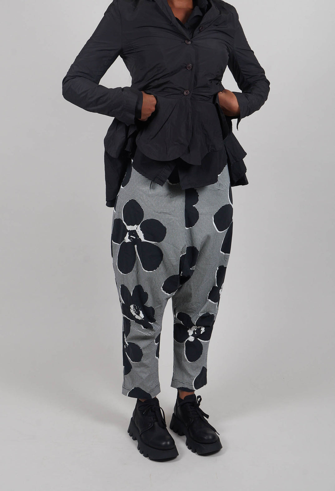 Pull On Drop Crotch Trousers in Black Off White Print - 3440111