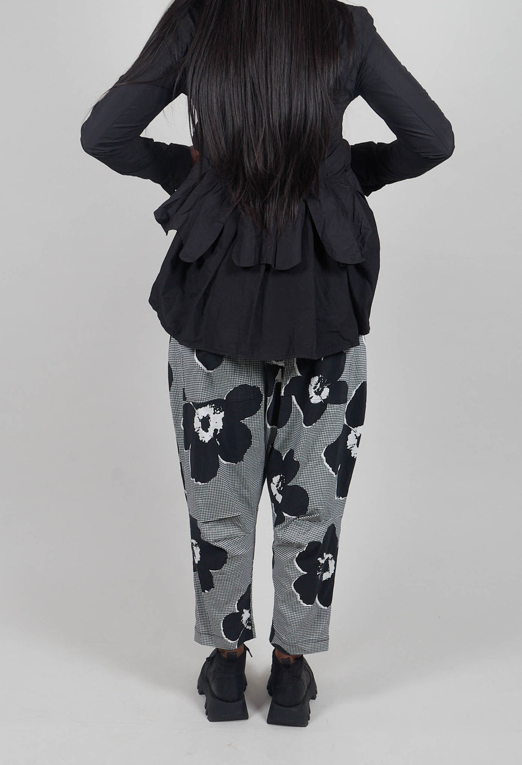 Pull On Drop Crotch Trousers in Black Off White Print - 3440111