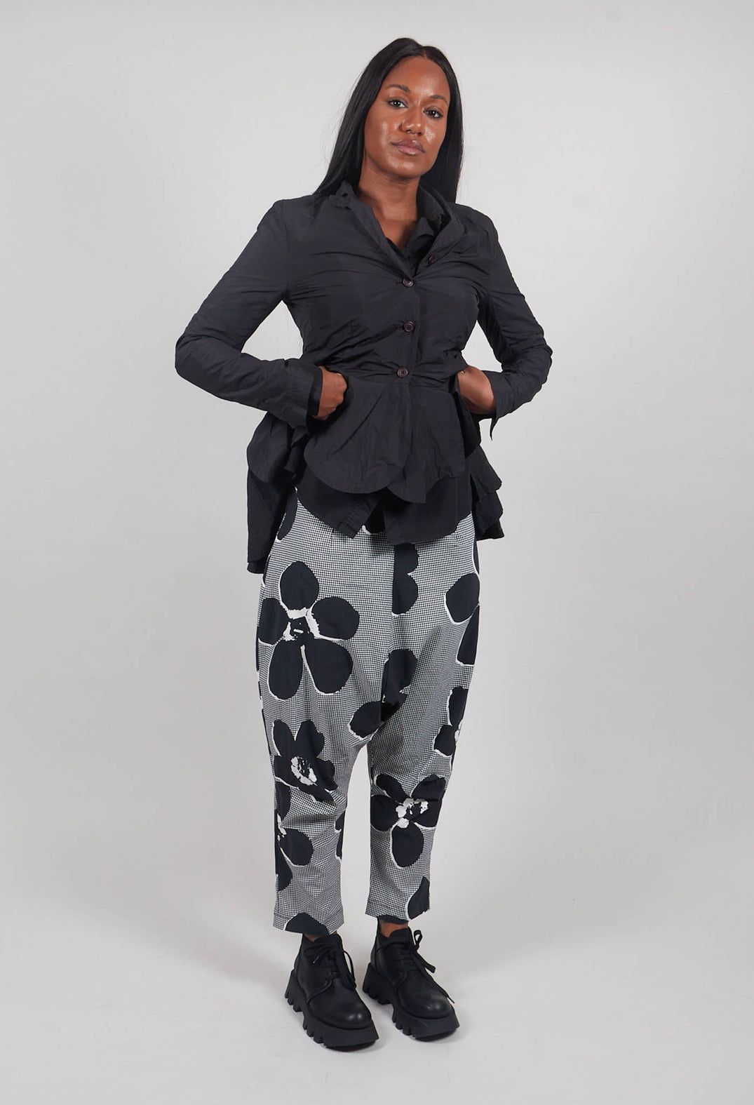 Pull On Drop Crotch Trousers in Black Off White Print - 3440111