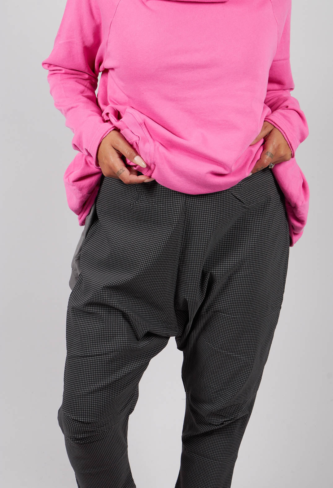 Pull On Drop Crotch Trousers in Black Check - 3440131