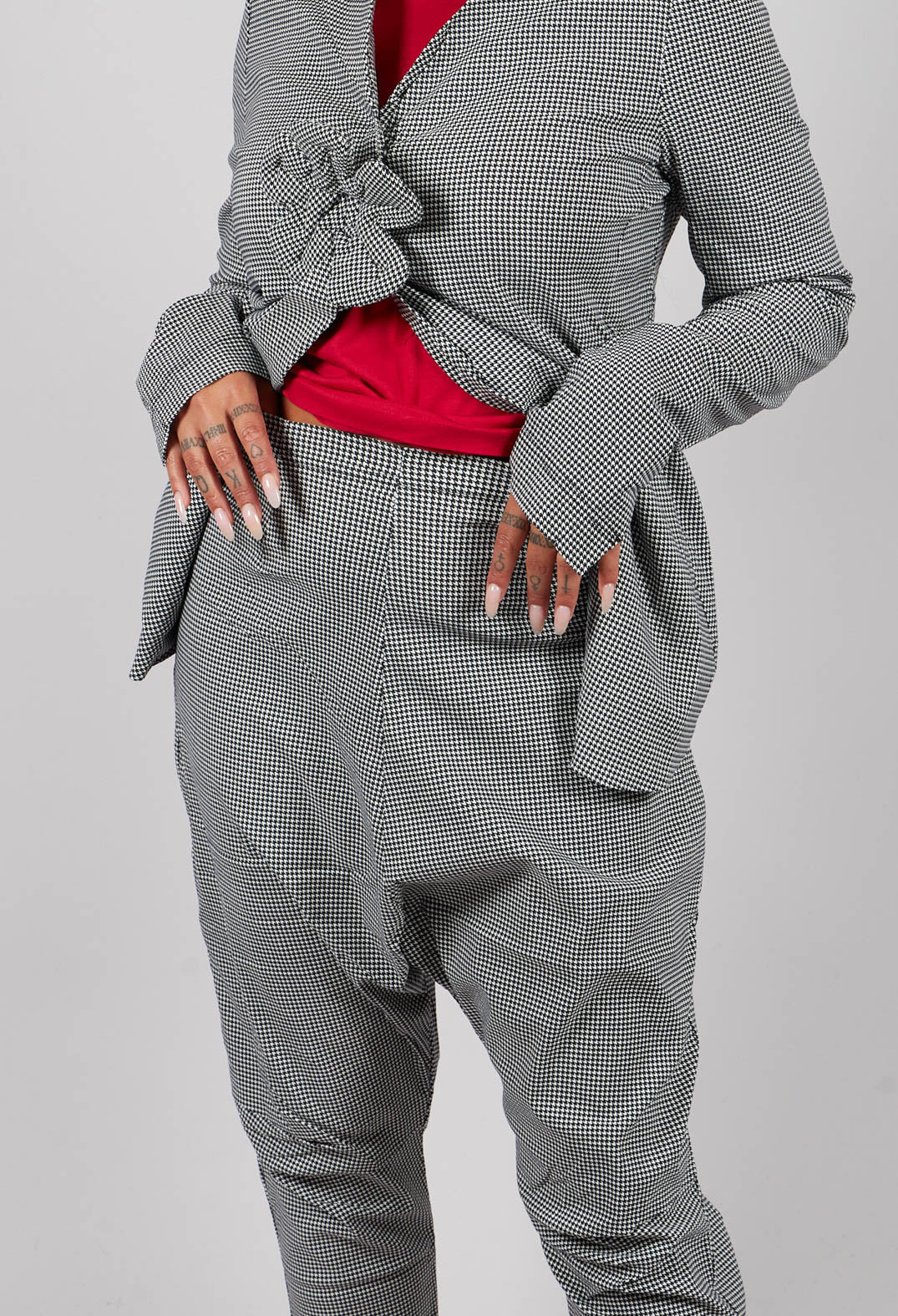 Pull On Drop Crotch Trousers in Black Off White Check - 3440131