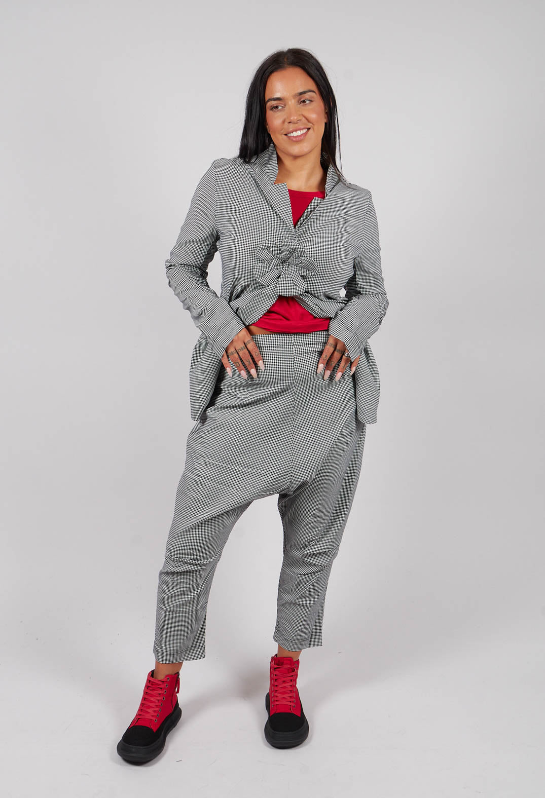 Pull On Drop Crotch Trousers in Black Off White Check - 3440131