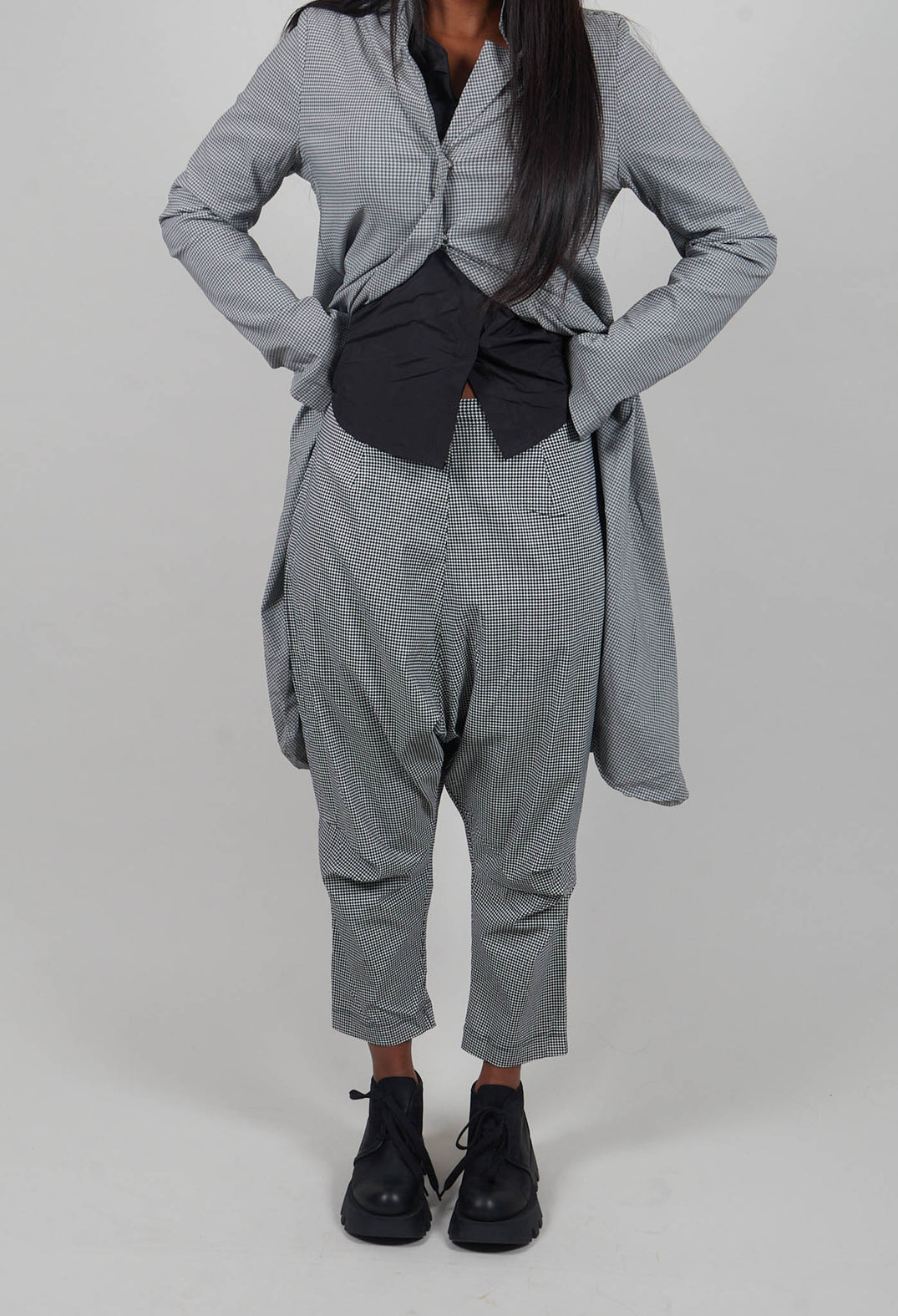 Pull On Drop Crotch Trousers in Black Off White Check - 3440131