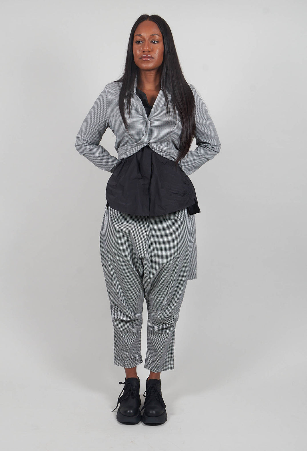 Pull On Drop Crotch Trousers in Black Off White Check - 3440131