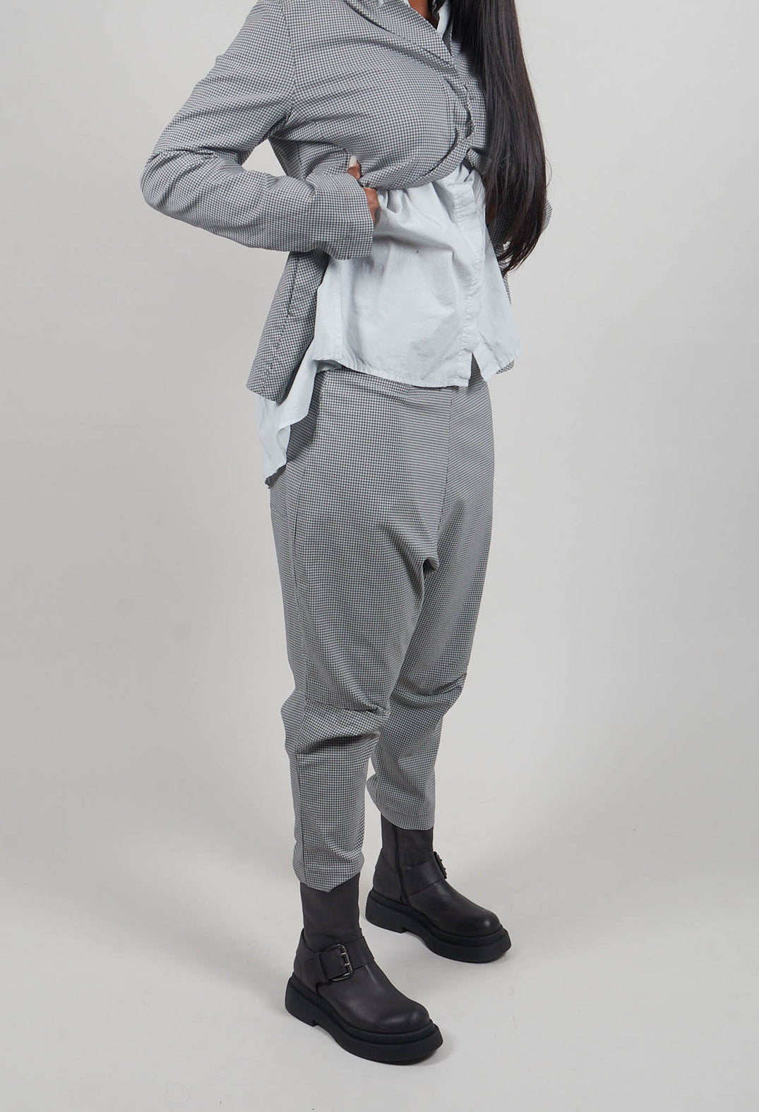 Pull On Drop Crotch Trousers in Dark Grey Check - 3440131