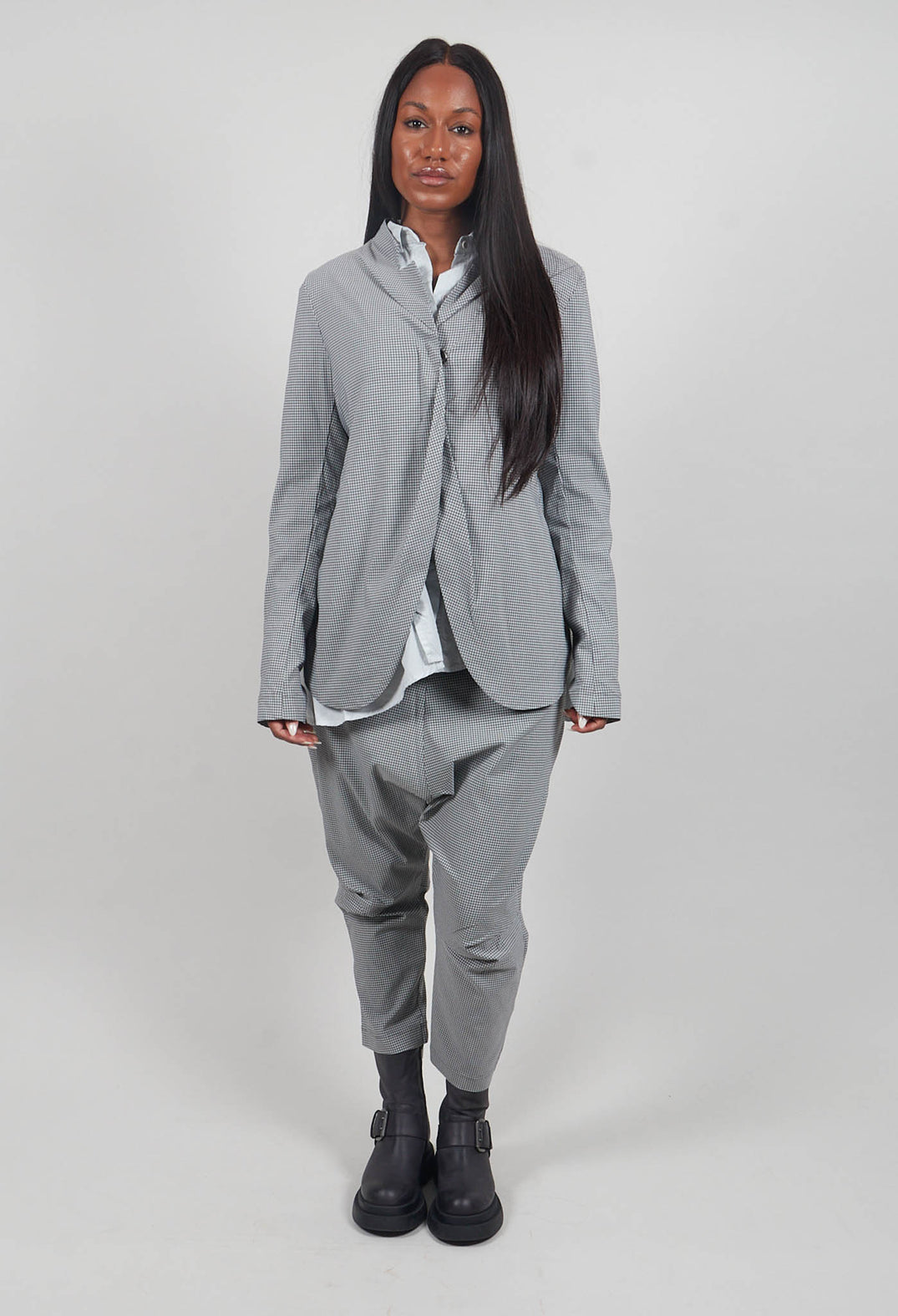 Pull On Drop Crotch Trousers in Dark Grey Check - 3440131