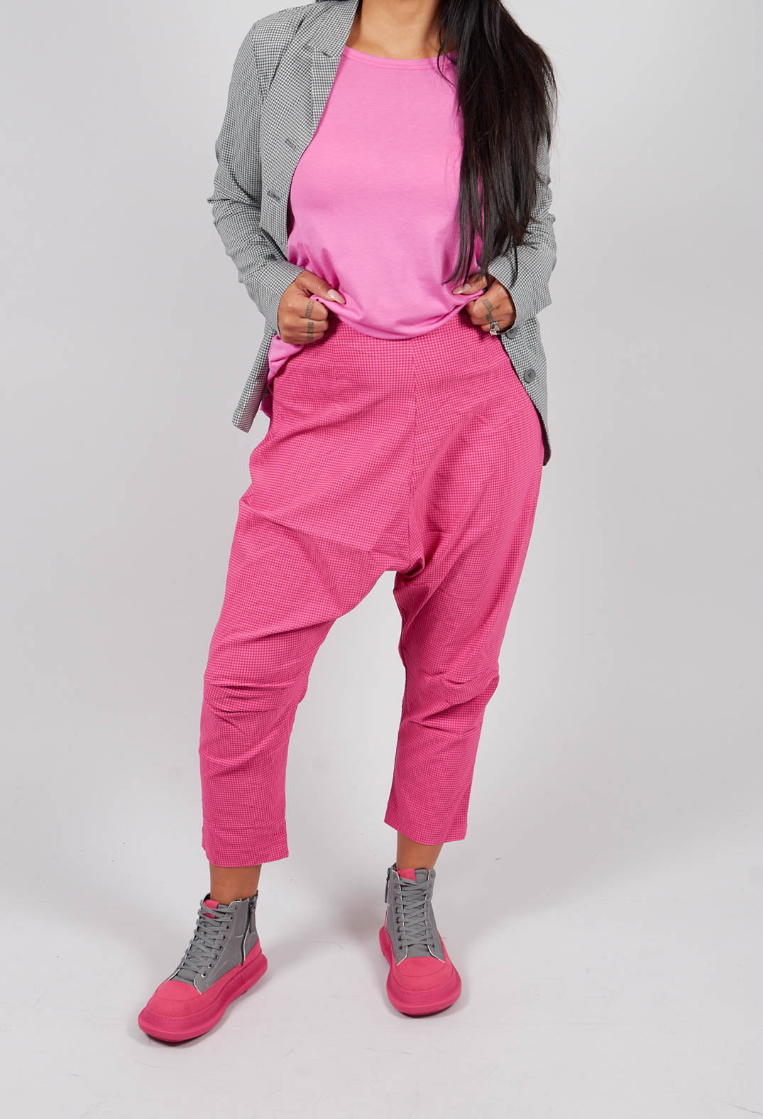 Pull On Drop Crotch Trousers in Lotus Check - 3440131